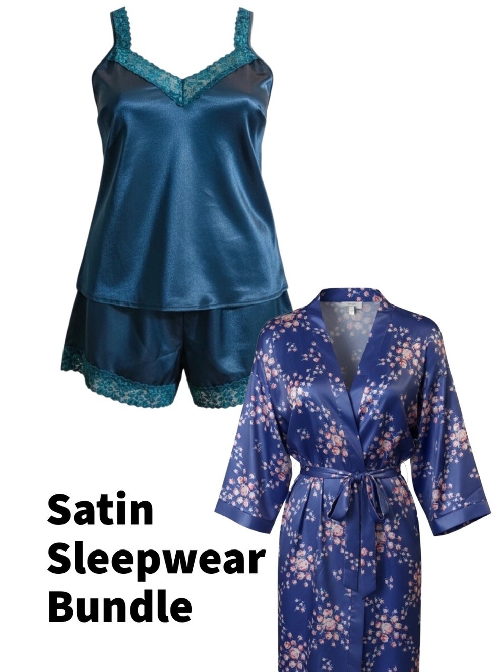 Women’s L Satin Sleepwear Set:Morgan Lane Floral Kimono Robe & Teal Cami Shorts